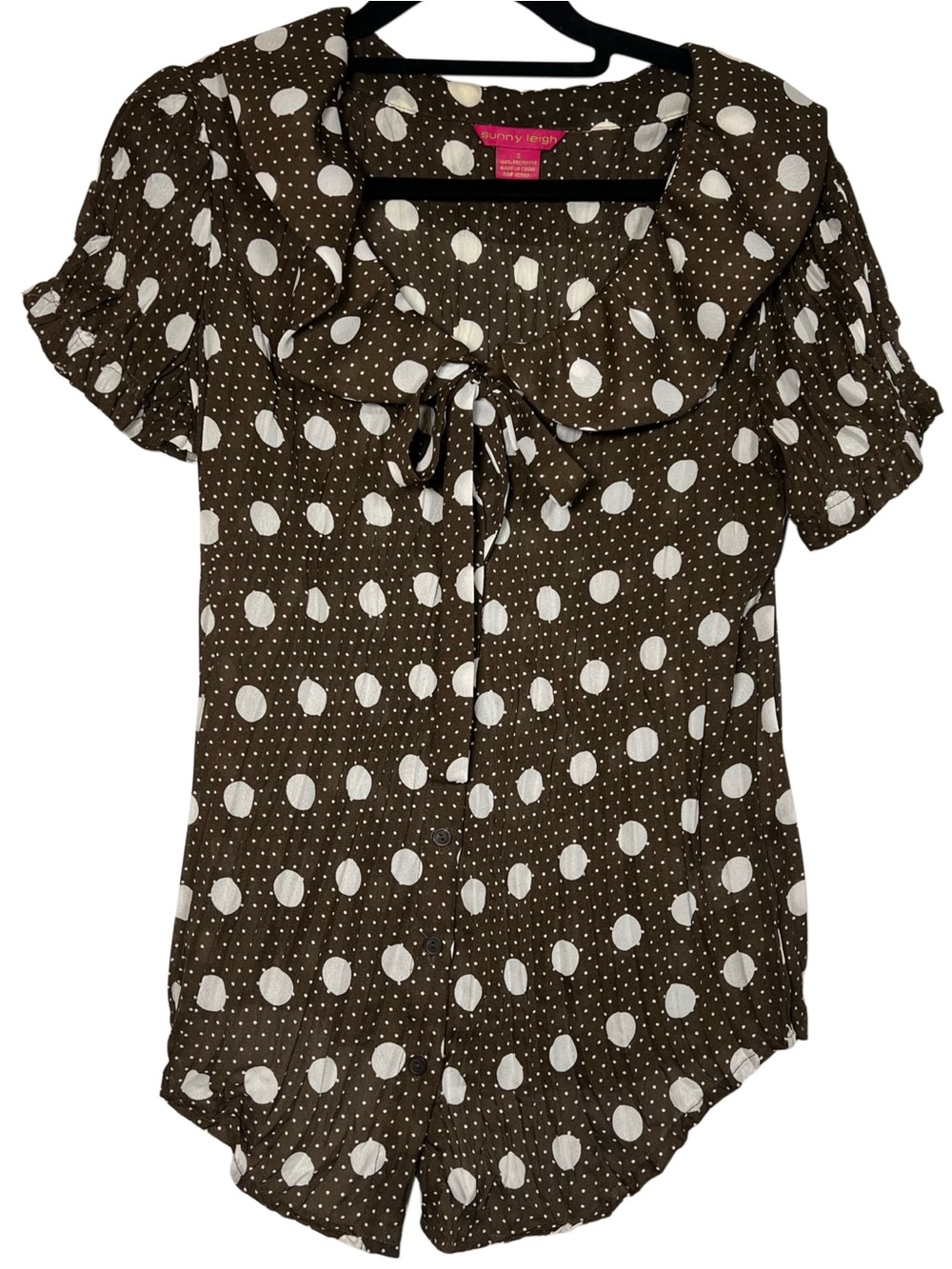 Sunny Leigh Brown & White Polka Dot Tie-Neck Short Sleeve Top